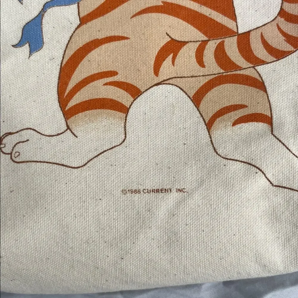 Vintage 80s Canvas Cat Yarn Tote Bag with Blue Ribbon